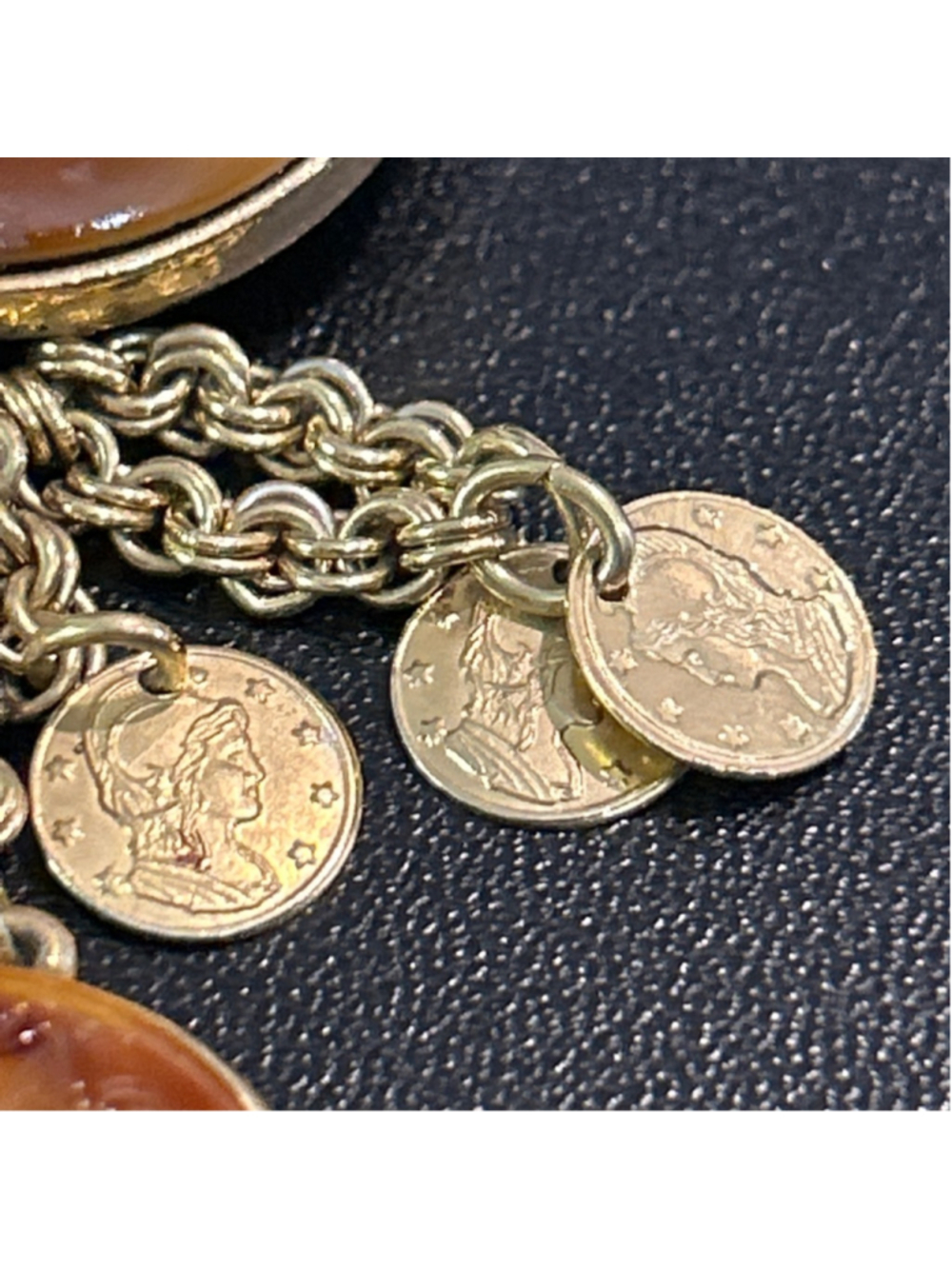 Women's vintage Florenza Gold & Brown intaglio Cameo Brooch with Coin Dangles - Picture 5 of 9